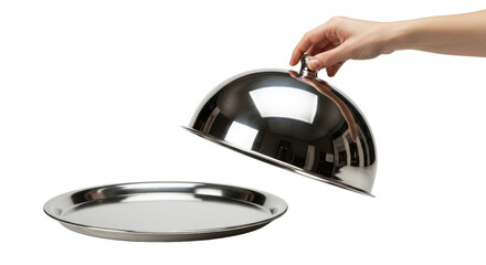 Hand lifting a silver dome lid off of a serving tray isolated PNG with Transparent Background