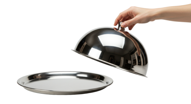 Hand lifting a silver dome lid off of a serving tray isolated PNG with Transparent Background