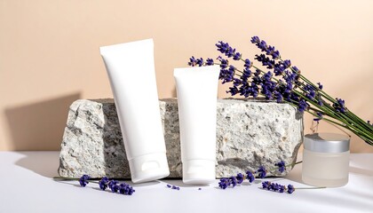 White cosmetic tubes and jar on stone slab with lavender flowers and beige background