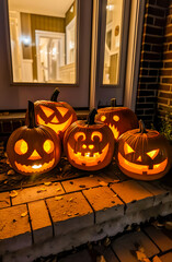 Glowing Halloween pumpkins with scary carved faces on a porch at night. Spooky jack o’ lantern decoration perfect for autumn, holiday, and festive seasonal design.