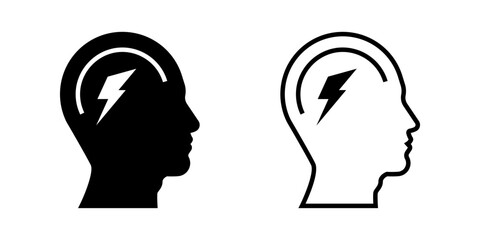 Mind icon set. Minimalist Silhouette Head with Lightning Bolt Inside Brain Icon Illustration