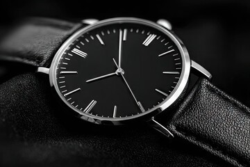 Classic black dial wristwatch with silver casing and black leather band, rests on dark fabric; close-up shot