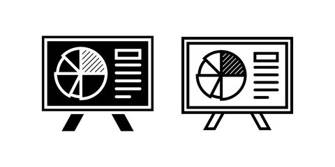 Presentation icon set. Minimalist Line Art Presentation Board with Pie Chart Infographic Icon Illustration