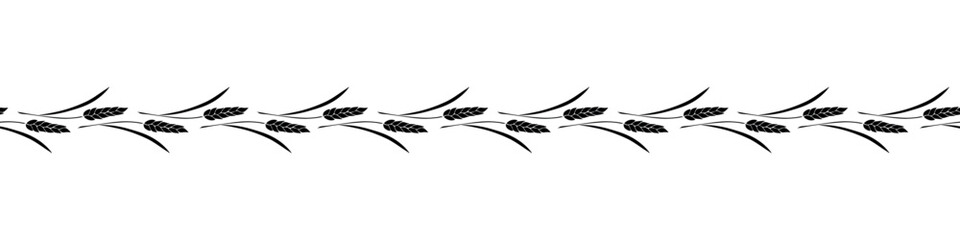 Vector edging, ribbon, border from black wheat spikelets ears in flat style. Autumn ornament, seamless pattern, decorative element on theme of bakery products, flour, harvest, Thanksgiving