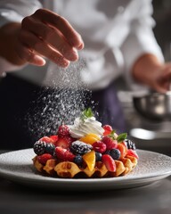Chef plating artisanal waffle with whipped cream, fresh fruit arrangement, and powdered sugar dusting in upscale restaurant kitchen, professional culinary presentation, controlled kitchen lighting wit