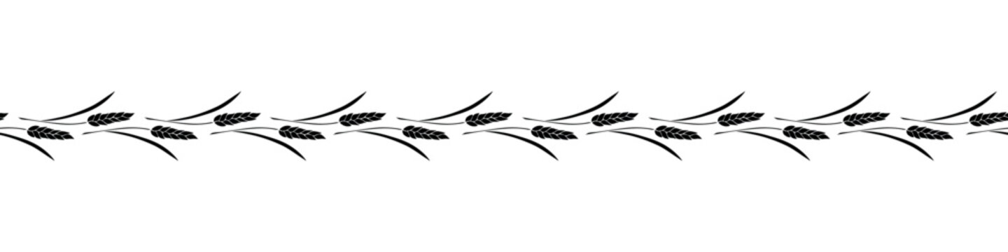 Vector edging, ribbon, border from black wheat spikelets ears in flat style. Autumn ornament, seamless pattern, decorative element on theme of bakery products, flour, harvest, Thanksgiving