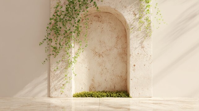 Minimalist podium with natural textures and condensation details. Close-up of matte stone surface with moss, dewdrops, and soft ethereal light. Ideal for organic products and clean editorial design. - Powered by Adobe
