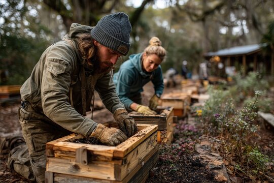 Community volunteers installing wooden bat houses in natural park setting to support local bat populations, conservation tools and habitat creation materials visible, natural outdoor lighting with enh