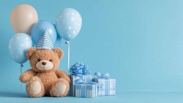 On a blue background, baby birthday theme with teddy bear and gift box.

