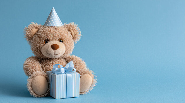 Baby birthday theme with teddy bear and gift box on a blue background.

