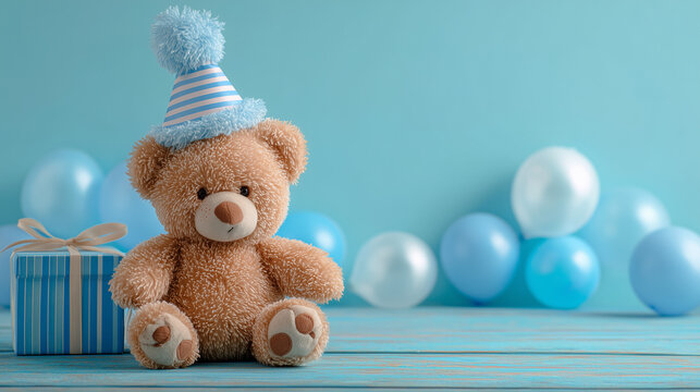 Blue background features baby birthday theme with teddy bear and gift box.









