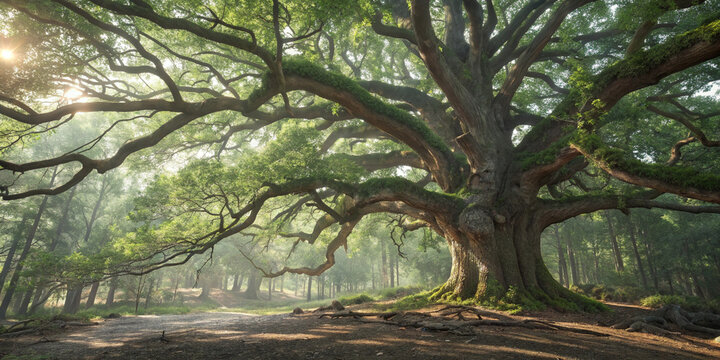 A colosal majestic old oak tree with sprawling branches in a lush green forest, bathed in warm sunlight, creating a serene and idyllic natural landscape