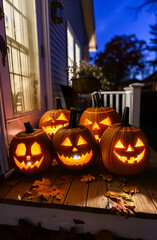 Glowing Halloween pumpkins with scary carved faces on a porch at night. Spooky jack o’ lantern decoration perfect for autumn, holiday, and festive seasonal design.