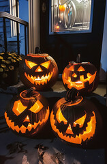 Glowing Halloween pumpkins with scary carved faces on a porch at night. Spooky jack o’ lantern decoration perfect for autumn, holiday, and festive seasonal design.