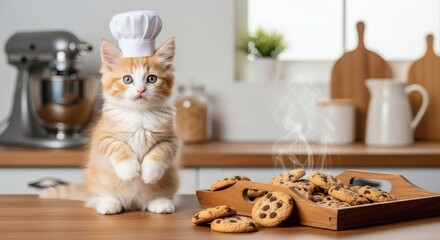 Whisking up some delicious treats, a Cute Cat baker in a chef's hat stands proudly by freshly baked cookies in a cozy kitchen.