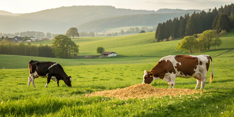 Fototapeta premium Pasture photo, cows grazing image, dairy farm picture, rural landscape photo, green pasture image, farm animals picture, agricultural land photo, countryside scene image, cattle in field photo, dairy 