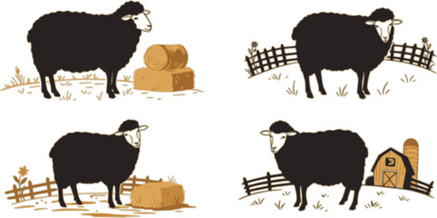 Solid black silhouette vector set on white background featuring sheep-themed icons: adult sheep, lamb, wool fleece, grazing sheep, sheep head profile, sheep footprints, 