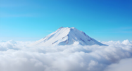 A winter landscape of Mount Fuji in Japan with a snow-covered peak