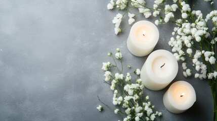 White candles, flowers, grey background; sympathy card