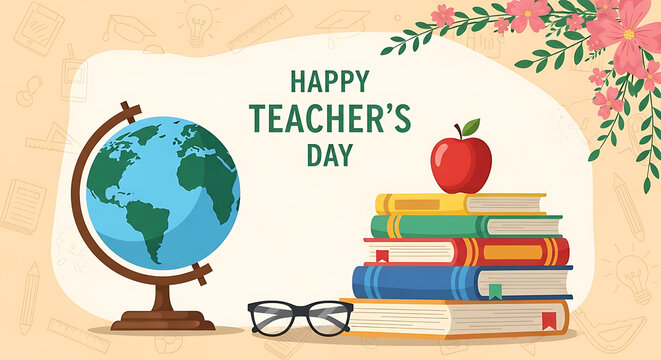 Happy teachers day celebration with globe books apple and flowers