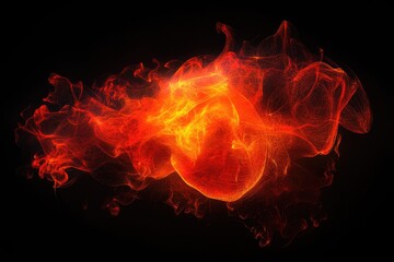 A fiery, heart-shaped nebula of swirling, incandescent orange and red particles against a stark black background; the energy pulses with inner light