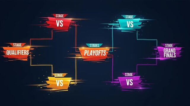 Colorful tournament bracket showcasing stages from qualifiers to grand finals with dynamic design elements