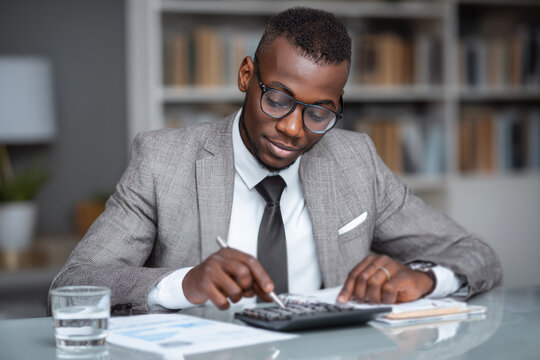 African American Accountant Or Auditor With Calculator - Powered by Adobe