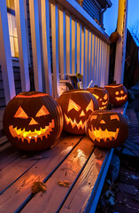 Glowing Halloween pumpkins with scary carved faces on a porch at night. Spooky jack o’ lantern decoration perfect for autumn, holiday, and festive seasonal design.