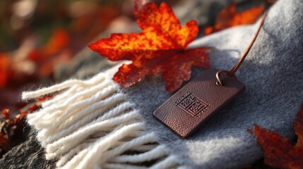 Cozy autumn fashion concept with wool scarf, clothing tag and maple leaf for seasonal marketing, social media campaigns, winter apparel promotion