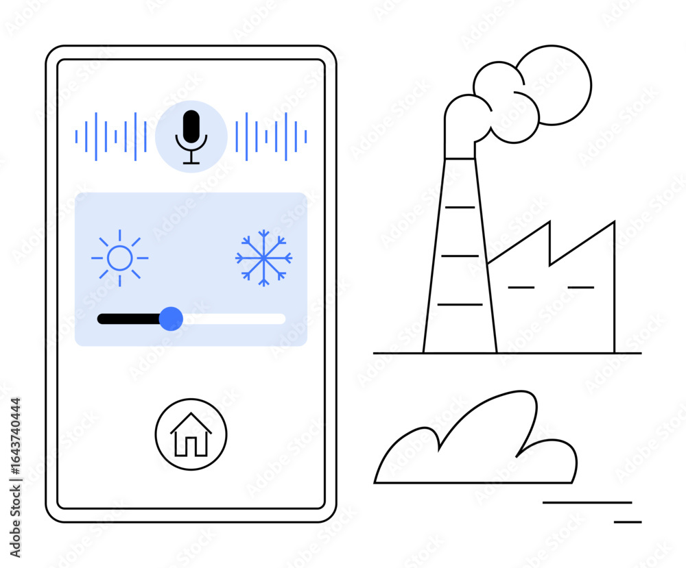 Poster digital thermostat control on smartphone with voice input, temperature adjustment slider. factory em
