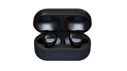 A close up shot of black wireless earbuds inside of their charging case on a black background