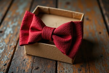 Red Bow Tie in Gift Box on Rustic Wooden Surface