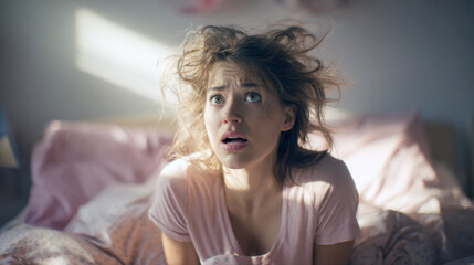 A young woman with messy, bedhead hair is sitting up in her bed, looking shocked and surprised with a scared expression on her face