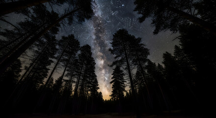 A breathtaking low-angle view of the Milky Way galaxy arching across the night sky, framed by the dark silhouettes of towering pine trees in a remote forest.
