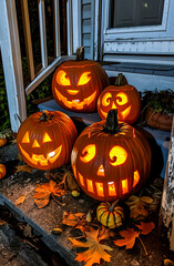 Glowing Halloween pumpkins with scary carved faces on a porch at night. Spooky jack o’ lantern decoration perfect for autumn, holiday, and festive seasonal design.
