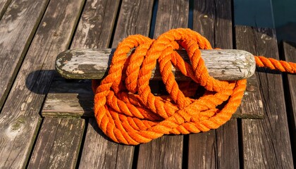 Orange rope tied to wooden bollard
