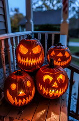 Glowing Halloween pumpkins with scary carved faces on a porch at night. Spooky jack o’ lantern decoration perfect for autumn, holiday, and festive seasonal design.