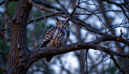 Obraz premium Majestic Great Horned Owl Oak Branch Twilight