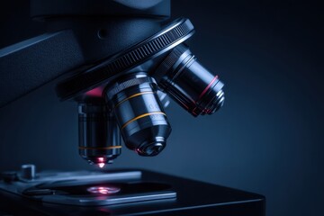 Close-up view of a microscope with multiple lenses, high-tech laboratory. Copy space for text on dark blue background. Macro lens, detailed. Cinematic lighting. Modern scientific research equipment.