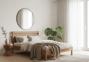 A minimalist bedroom with a wooden bed, plants, and natural light