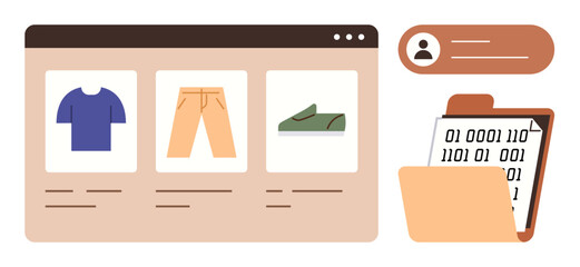 E-commerce webpage with apparel, user profile dialog box, folder containing binary data summary. Ideal for technology, retail, online shopping, marketing, analytics, data security modern