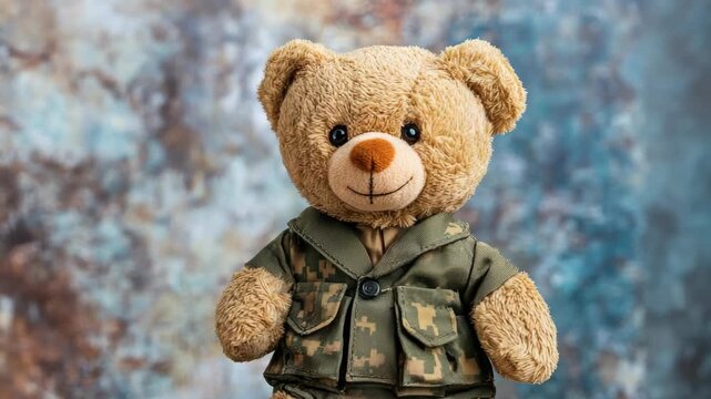 Brown bear in camouflage uniform sitting against rustic backdrop