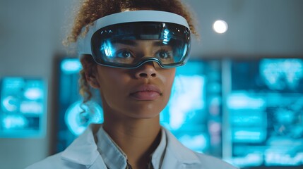 A female scientist with light brown skin wearing a lab coat and VR headset monitors deep-sea mining data in a clean, futuristic lab. Minimalist interior with holographic displays and soft lighting. 