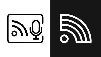 Black and white vector icons depicting wireless signal and microphone, representing podcast, broadcast, or streaming concepts.