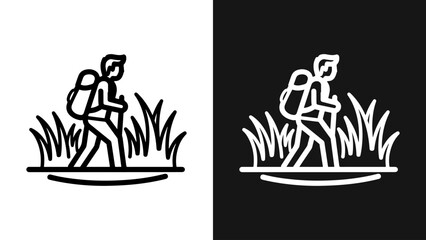 Hiking man icon with backpack and walking stick, simple outdoor adventure line art illustration on split black and white background.
