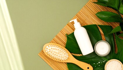 White lotion bottle cream jar wooden hairbrush green leaves and bamboo mat on olive green background