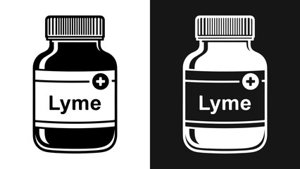 Black and white vector illustration of a medicine bottle labeled 'Lyme' with a plus sign, representing medical treatment for Lyme disease.