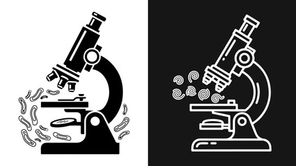 Microscope and microbes vector illustration in black and white, depicting scientific research and microbiology. Simple flat design icon for laboratory or healthcare.
