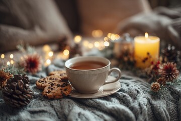 Cozy Coffee Setting. Candles and Warm Knit Blanket for Comfort. Winter still life. White ceramic cup, candlelight. Hot beverage, cookies on a table. Christmas home. Woolen knitted sweater, burn candle