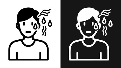 A vector illustration showing a person sweating and feeling hot or feverish, presented as a minimalist black and white icon for health or discomfort.